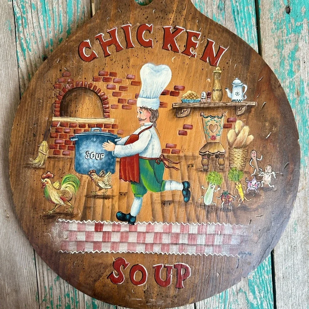 VTG Folk Art Hand Painted Wooden Cutting Board Wall Decor Chicken Soup Signed